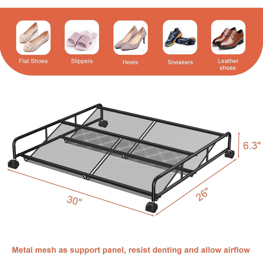 2 Pack Metal Mesh Under Bed Shoe Storage Organizer with Wheels D976
