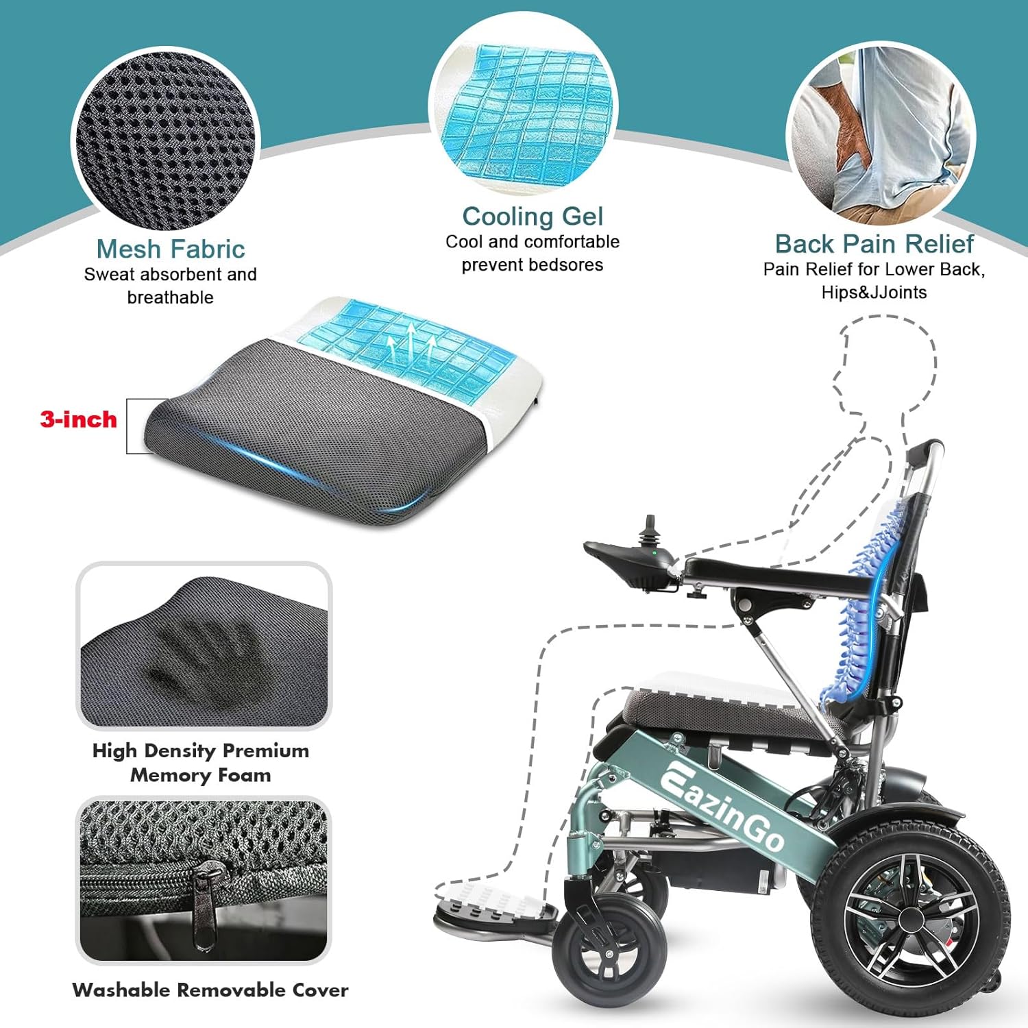 Electric Wheelchair with Cooling Gel Seat Cushion and LED Light X957