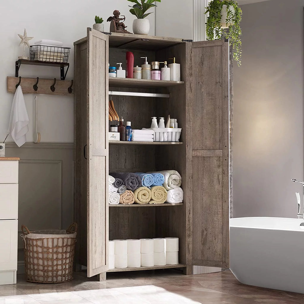 Light Rustic Oak Kitchen Pantry Storage Cabinet with Barn Door and Hanging Rod Y50347
