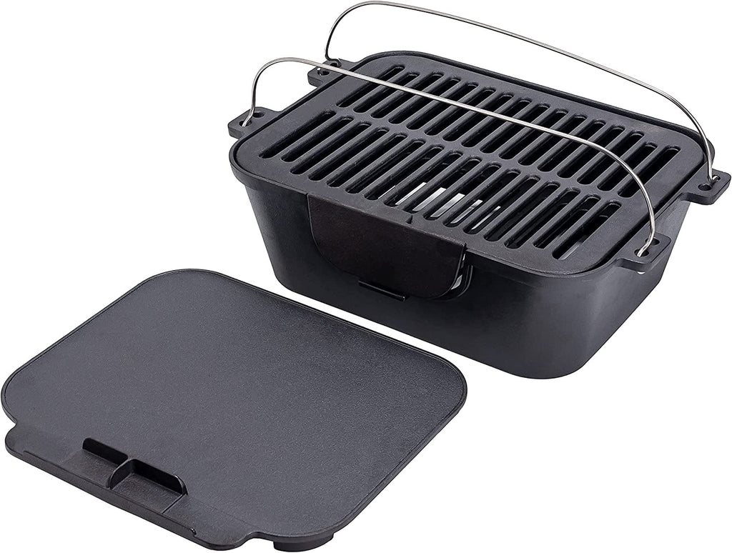 Pre-Seasoned Portable Cast Iron Charcoal Rectangle BBQ Grill, 14" x 12" Grilling Surface B75895
