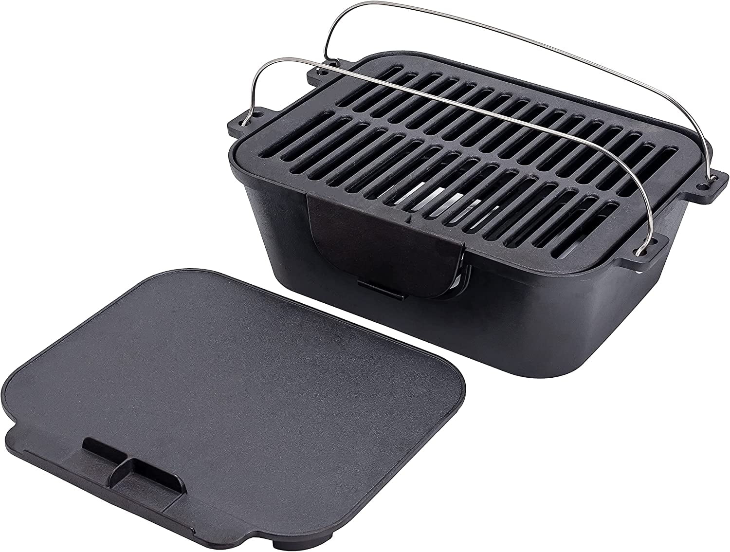 Pre-Seasoned Portable Cast Iron Charcoal Rectangle BBQ Grill, 14" x 12" Grilling Surface B75895