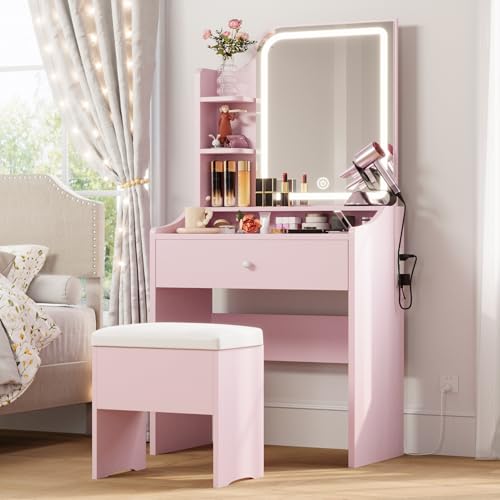 White Small Makeup Vanity Desk with Mirror and Lights, Vanity Table Set with Storage Drawer, Chair and Three Shelves P895