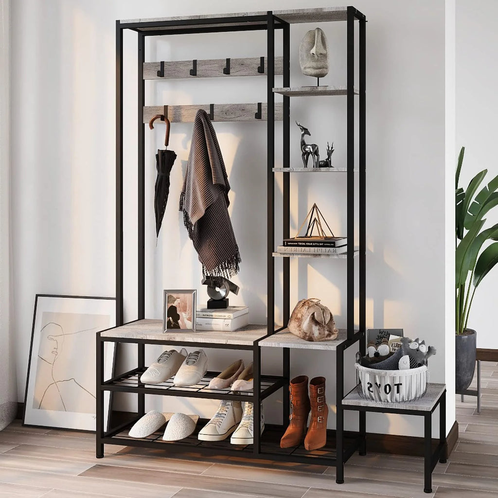 Hall Tree with Shoe Storage Bench, Coat Rack with 7 Hooks, 4 Tier Side Shelves C1674