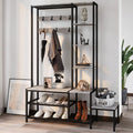 Hall Tree with Shoe Storage Bench, Coat Rack with 7 Hooks, 4 Tier Side Shelves C1674