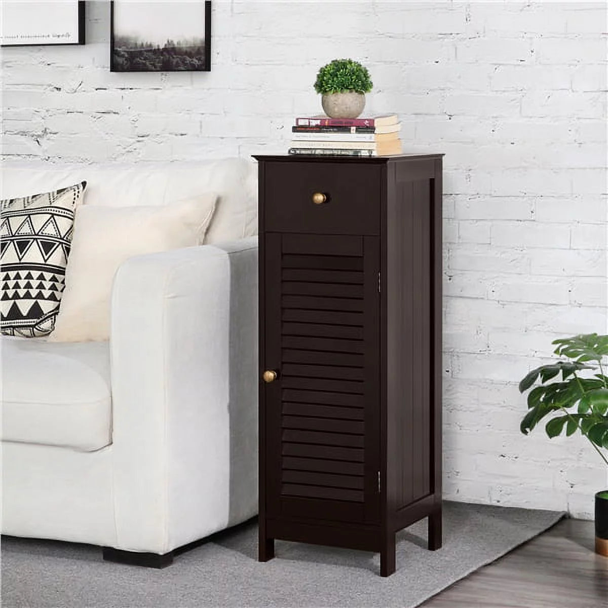 Espresso Wooden Bathroom Floor Storage Cabinet with Drawer and Single Shutter Door C670513