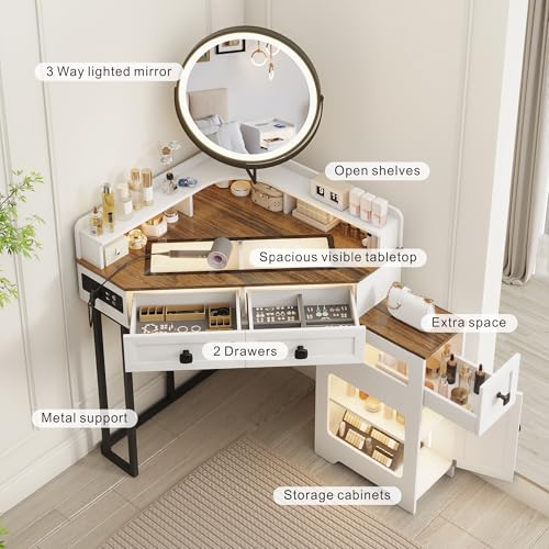 White Glass Top Corner Vanity Desk with Mirror and Lights, 4 Drawers Z437806
