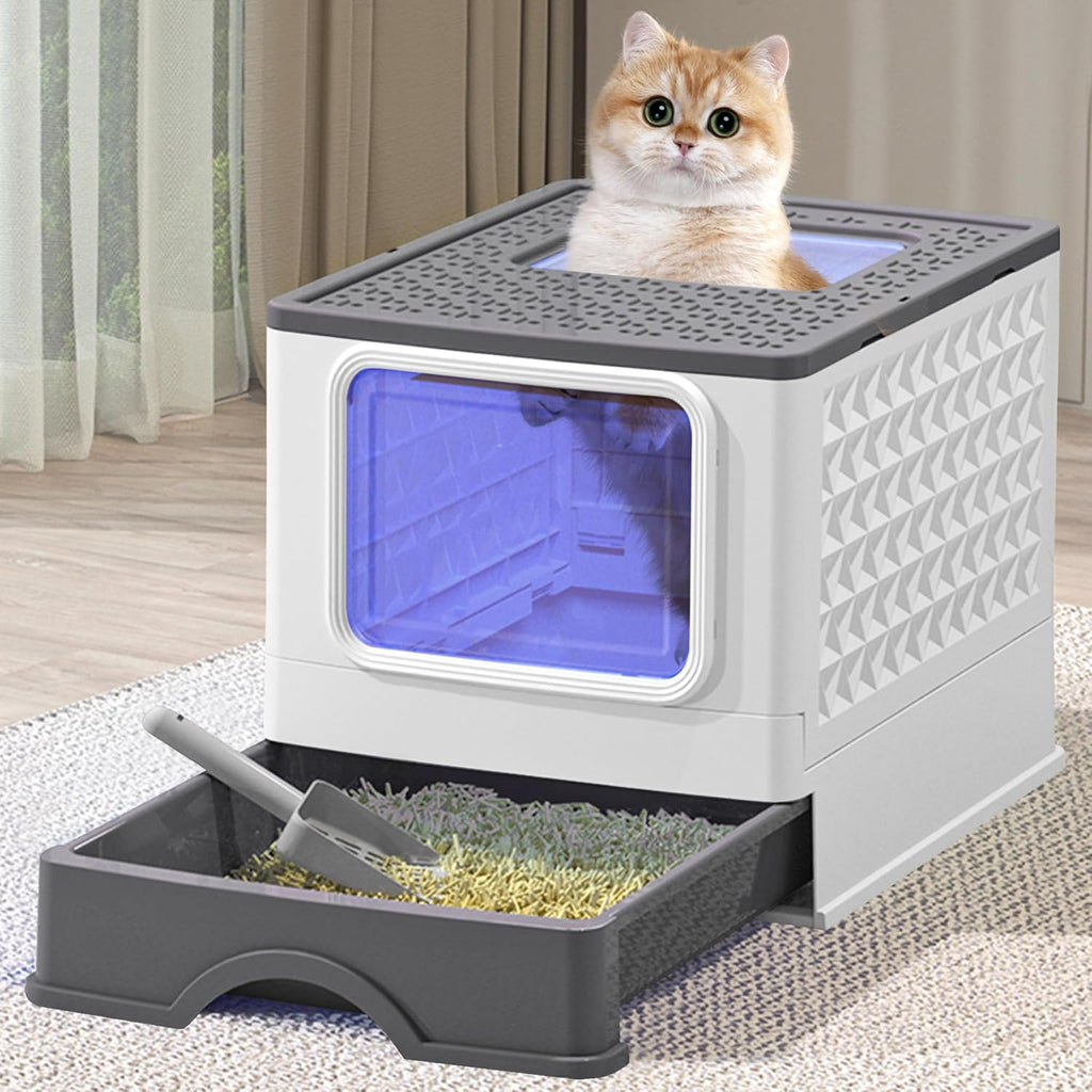 Foldable Enclosed Plastic Cat Litter Box with Litter Scoop (Light Gray) F80548