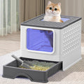 Foldable Enclosed Plastic Cat Litter Box with Litter Scoop (Light Gray) F80548