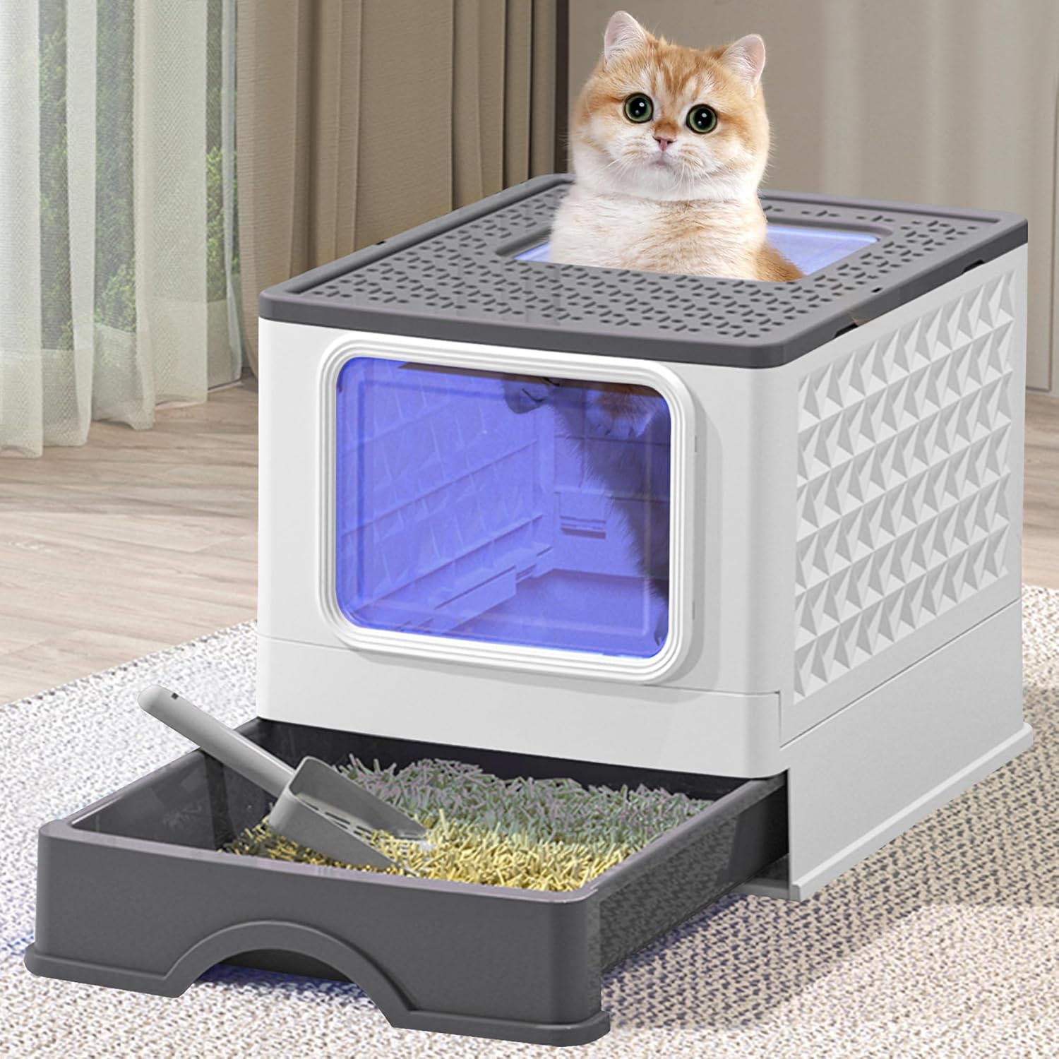 Foldable Enclosed Plastic Cat Litter Box with Litter Scoop (Light Gray) F80548