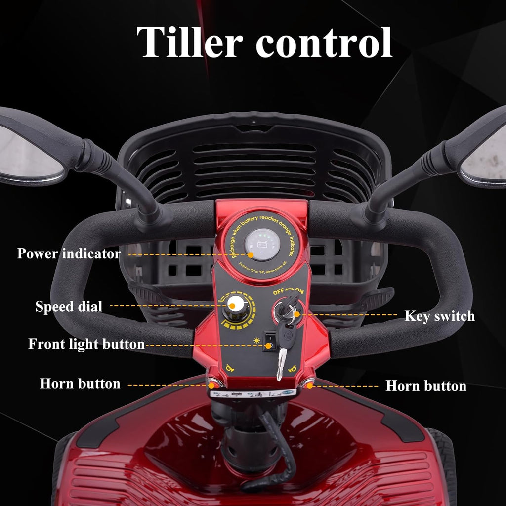 Red Folding Mobility Scooter with Dual Battery and Basket T645