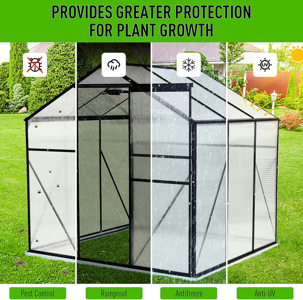 10x6 FT Polycarbonate Greenhouses with Sliding Door and Adjustable Vent Window, Black Q3784