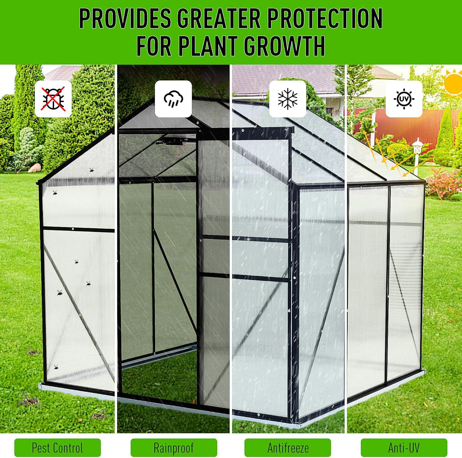 10x6 FT Polycarbonate Greenhouses with Sliding Door and Adjustable Vent Window, Black Q3784
