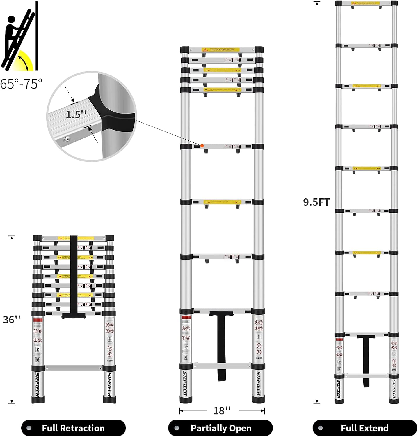 Telescoping Ladder 9.5 ft Aluminum Anti-Pinch Collapsible Ladder 330 lbs Capacity D94839