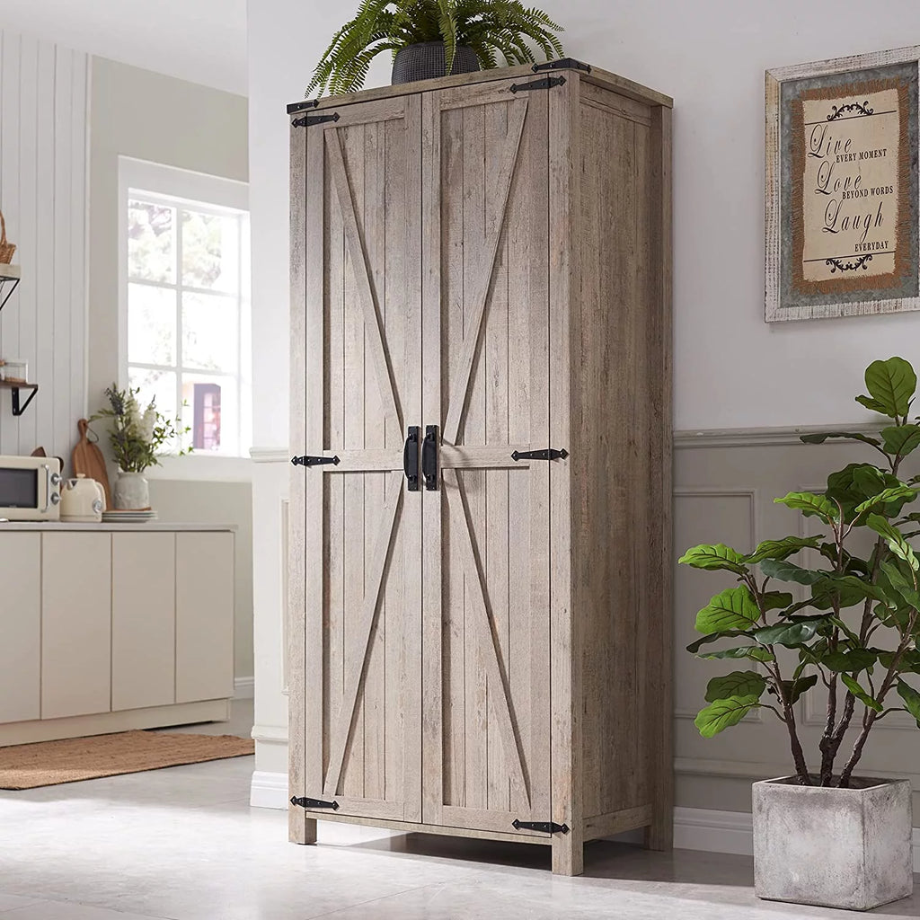 Light Rustic Oak Kitchen Pantry Storage Cabinet with Barn Door and Hanging Rod Y50347