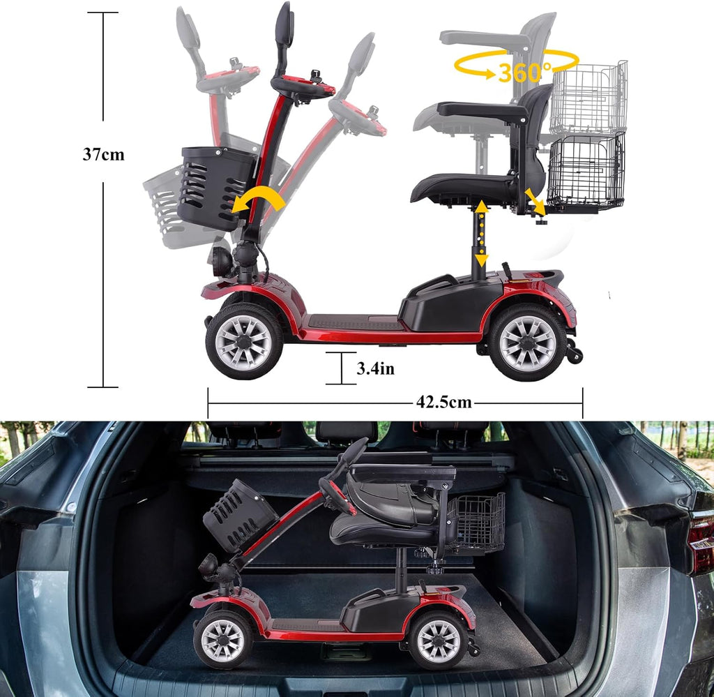 Red Folding Mobility Scooter with Dual Battery and Basket T645