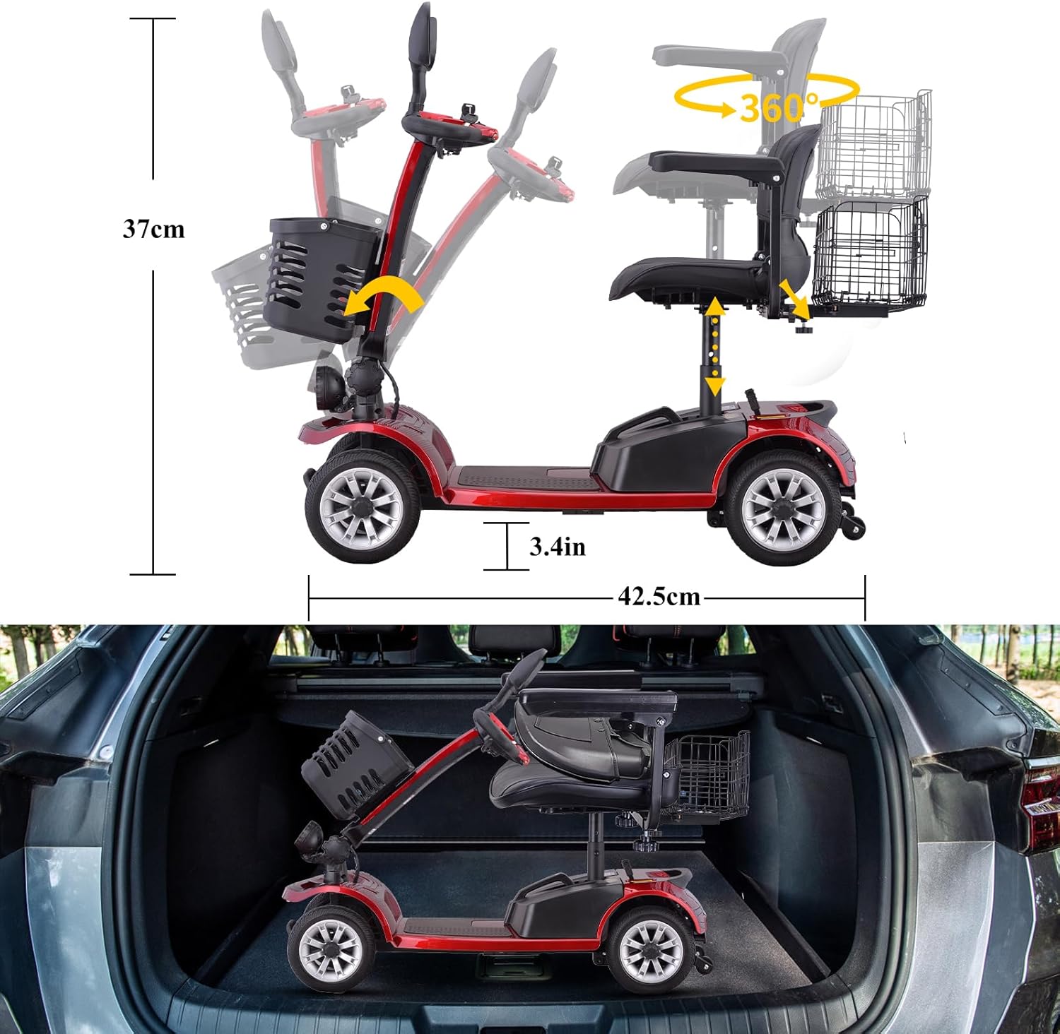 Red Folding Mobility Scooter with Dual Battery and Basket T645