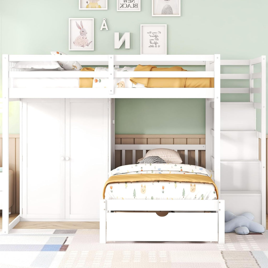 White Wood Bunk Bed with Wardrobe, Staircase and Drawers R38858