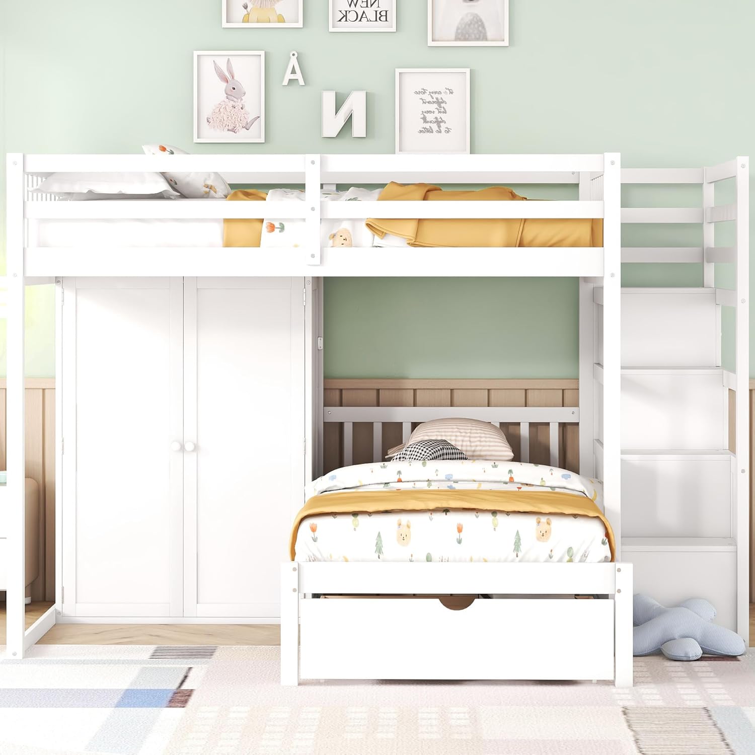 White Wood Bunk Bed with Wardrobe, Staircase and Drawers R38858