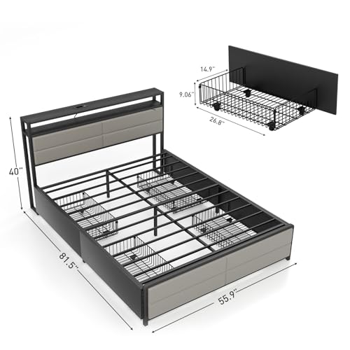 Grey Full Size Bed Frame with 4 Storage Drawers Q115945