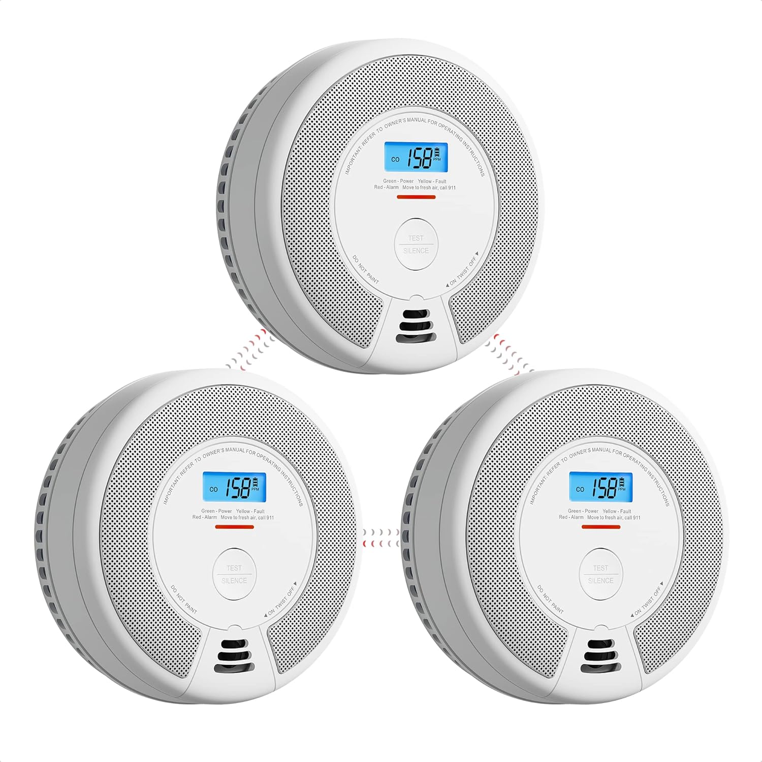 Wireless Interconnected Combination Smoke and Carbon Monoxide Detector with LCD Display, 10-Year Battery, Pack of 3 N135