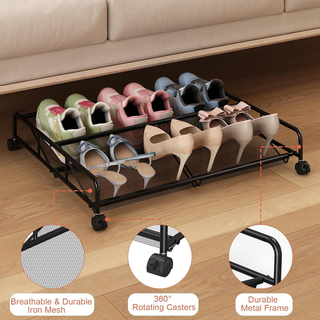 2 Pack Metal Mesh Under Bed Shoe Storage Organizer with Wheels D976