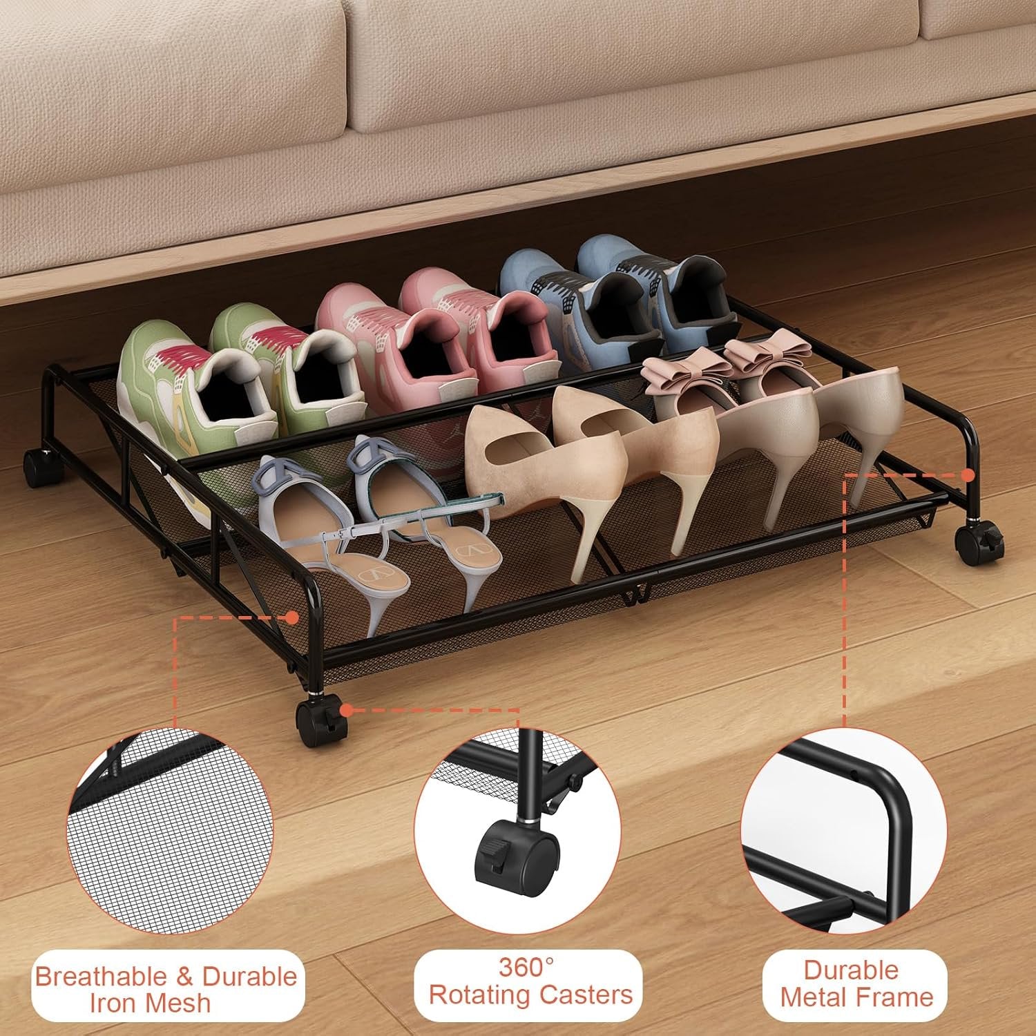 2 Pack Metal Mesh Under Bed Shoe Storage Organizer with Wheels D976