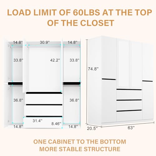 White 4 Door Wooden Armoire Wardrobe with Mirror F4543