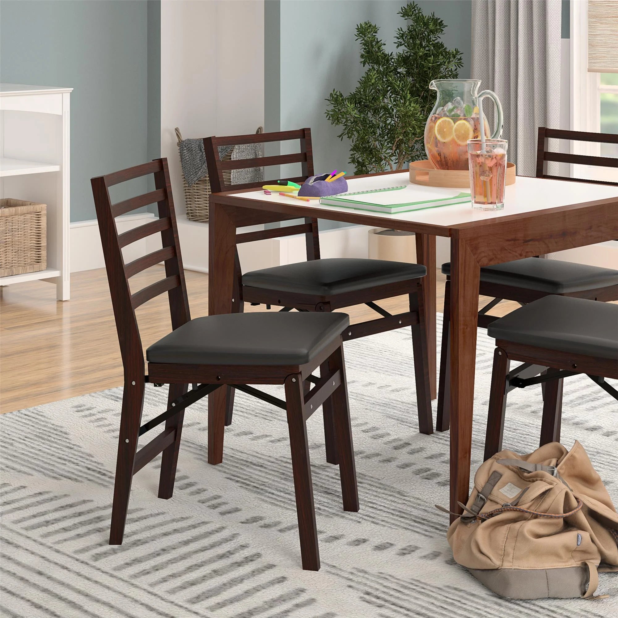 Dark Mahogany Wood Folding Chair with Vinyl Padded Seat, 2-Pack D9369