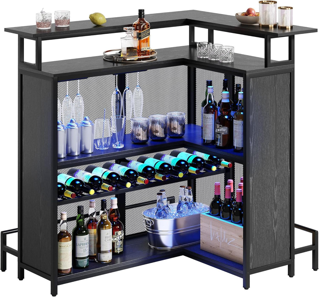Black L Shaped Mini Home Bar Unit with Music Sensing LED Light, Tall Bars Furniture Table with Wine Rack Alcohol Storage Glasses Hanger Footrest E3108