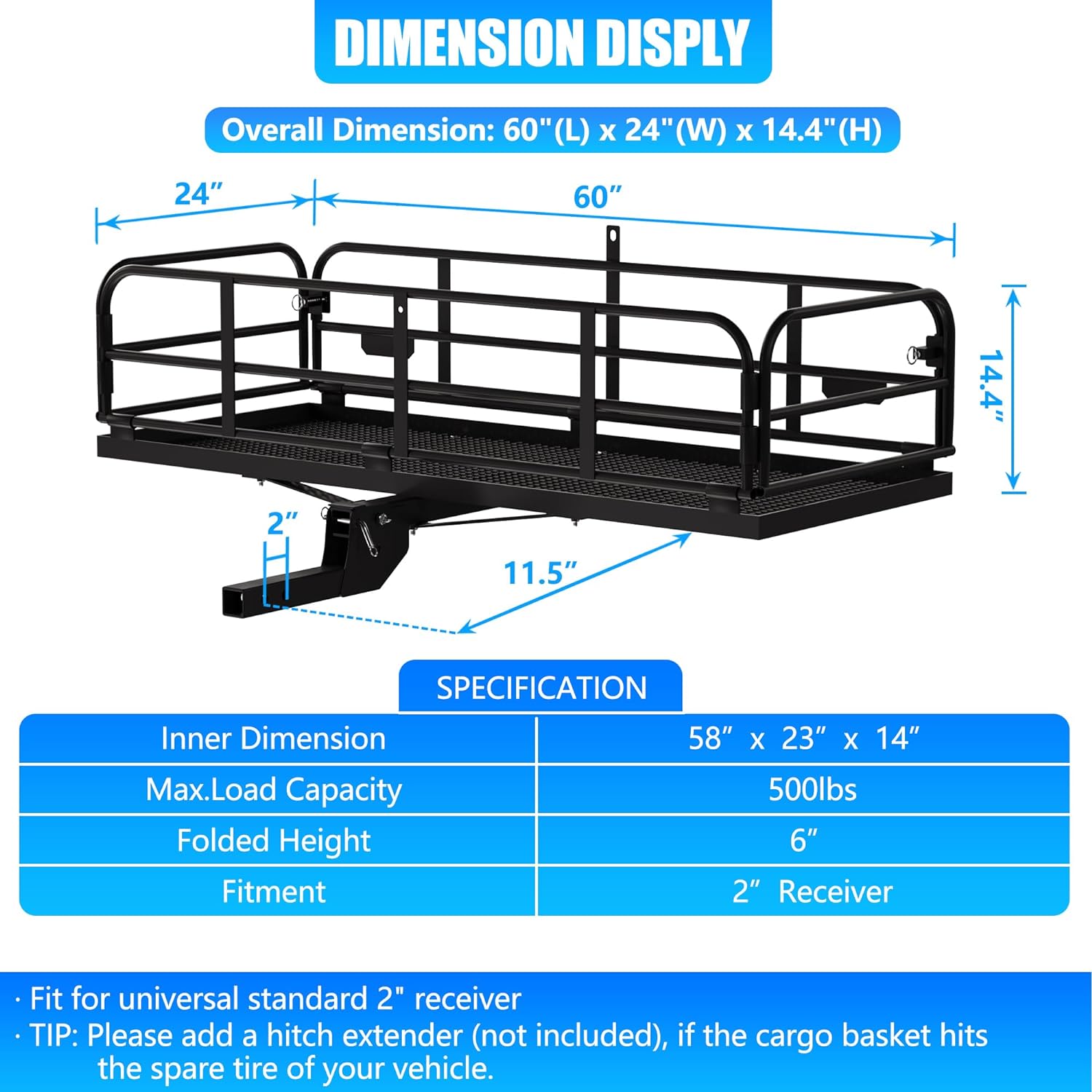 60" x 24" x 14.4" Folding Hitch Mount Cargo Carrier I1346