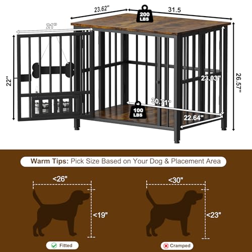 Rustic Brown Wooden Dog Crate Furniture with Adjustable Bowls R6620