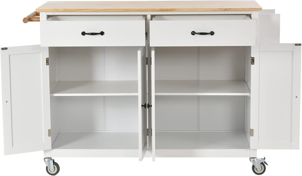 White Rolling Kitchen Island Cart with Solid Wood Top, 2 Drawers and 4 Door Cabinet T13193
