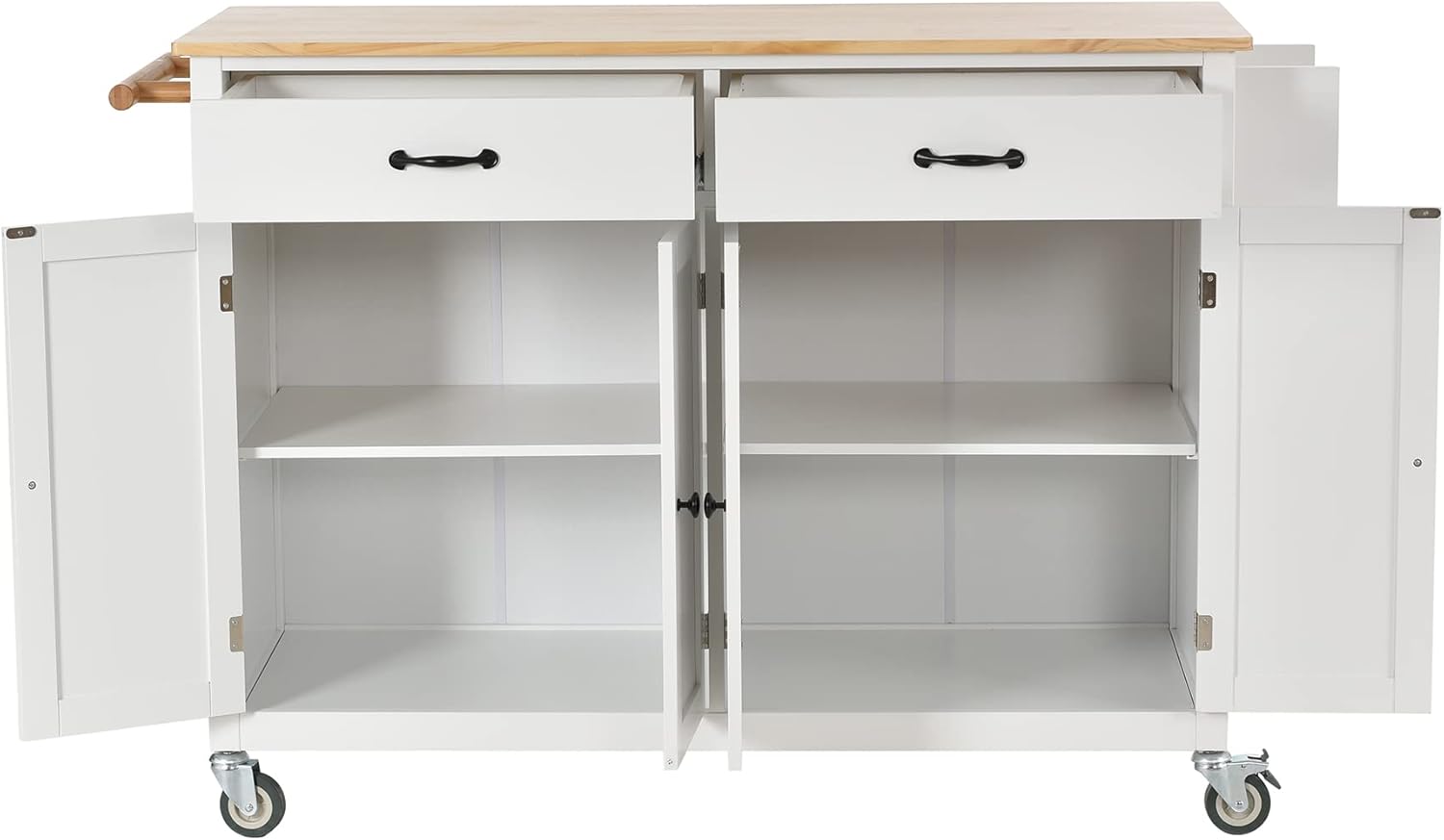 White Rolling Kitchen Island Cart with Solid Wood Top, 2 Drawers and 4 Door Cabinet T13193