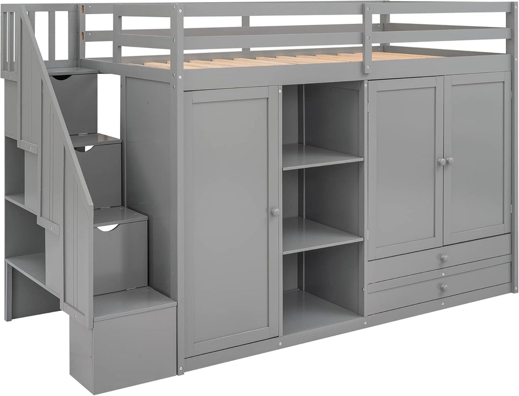 Twin Size Wooden Loft Bed with 3 Shelves, 2 Wardrobes, 2 Drawers, Ladder V848045