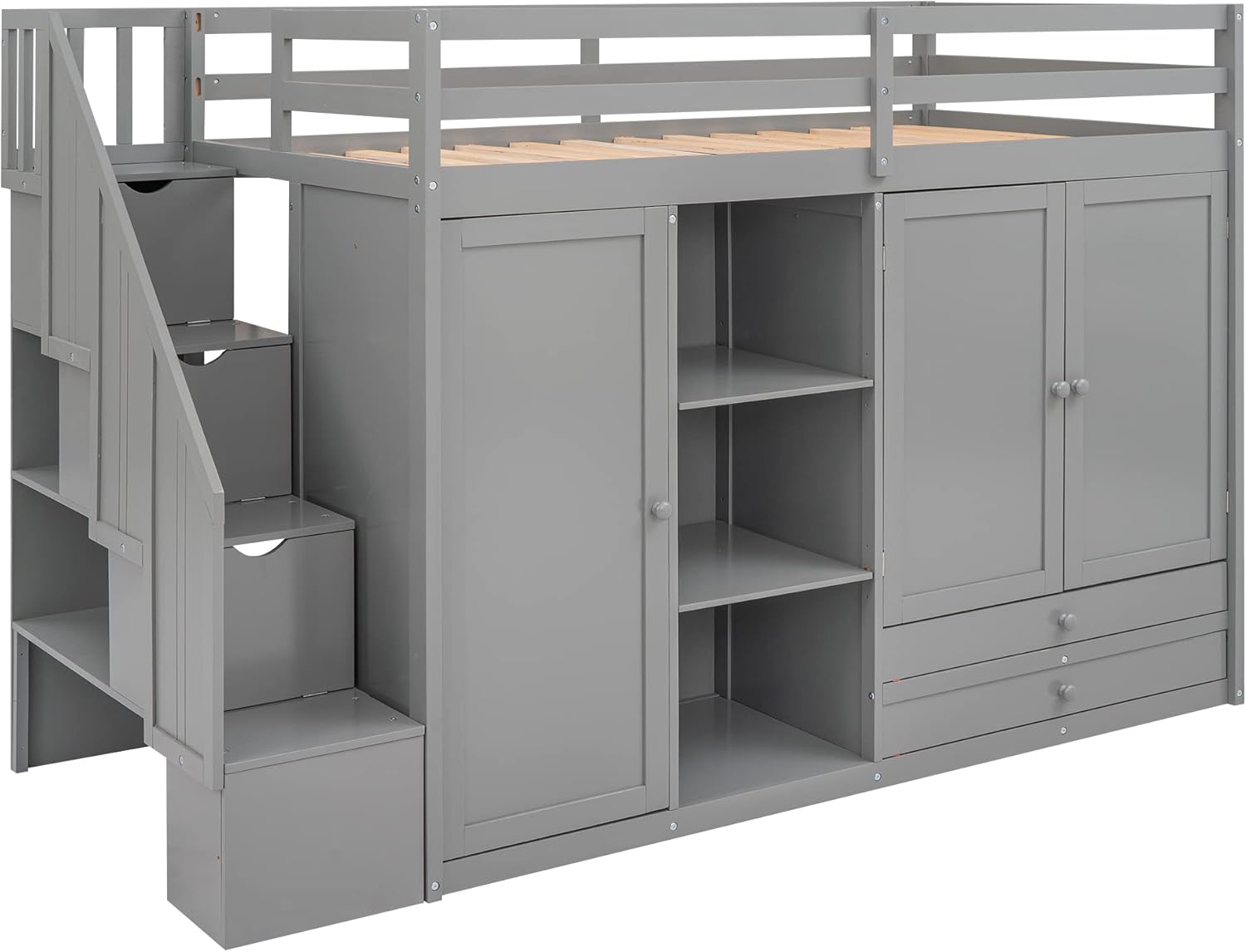 Twin Size Wooden Loft Bed with 3 Shelves, 2 Wardrobes, 2 Drawers, Ladder V848045