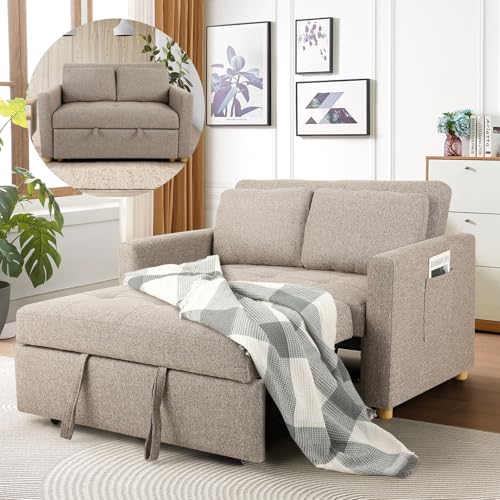 3-in-1 Convertible Sofa Bed, Linen Fabric Sleeper Couch, 49" 2-Seater Loveseat Futon Sofa X731065