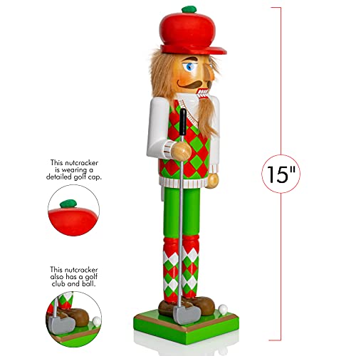 Red and Green Wooden Golf Player Nutcracker 15" E88379
