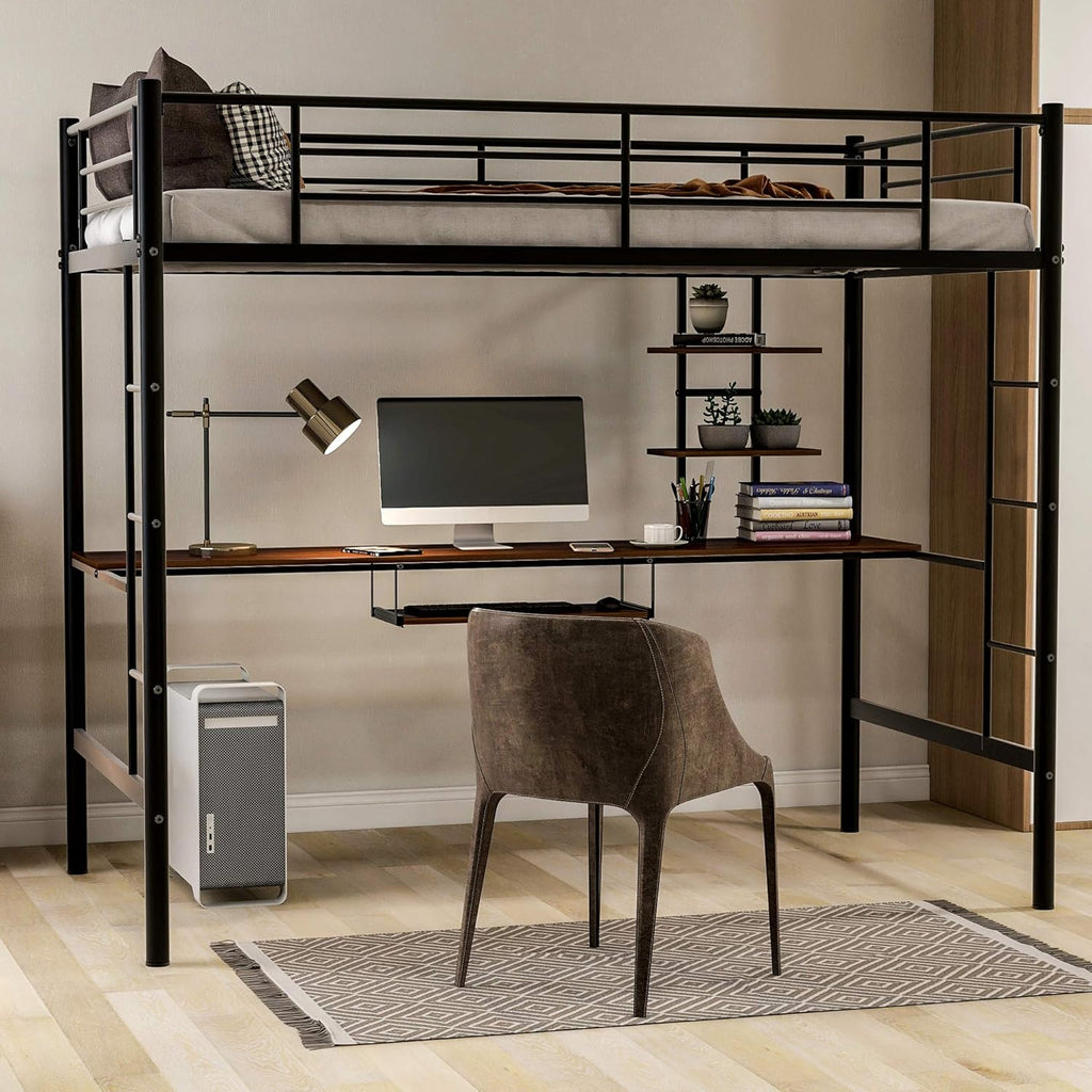Twin Metal Loft Bed with Desk and Storage Shelf Z83224