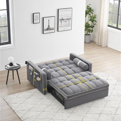 Gray Velvet Convertible Sleeper Sofa with Pull Out Bed V5996