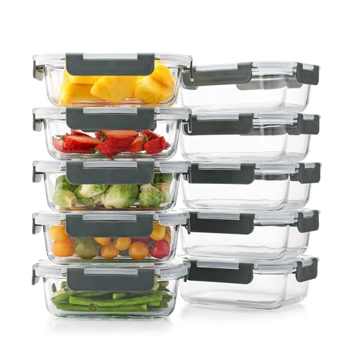 10 Pack 22 Oz Glass Meal Prep Containers with Lids, Gray Y110