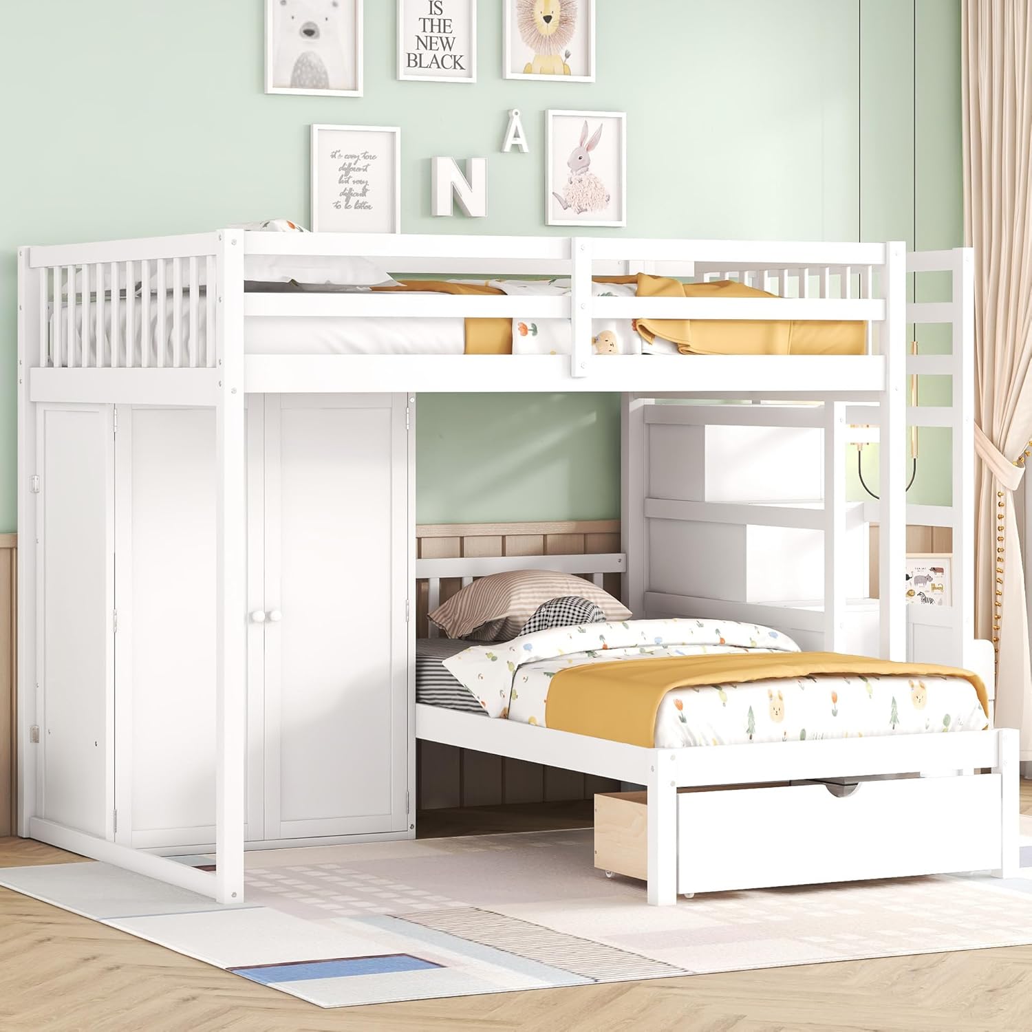 White Wood Bunk Bed with Wardrobe, Staircase and Drawers R38858