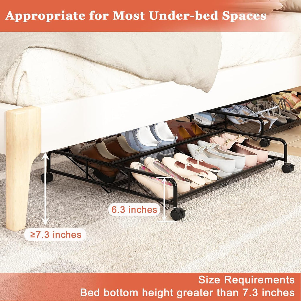 2 Pack Metal Mesh Under Bed Shoe Storage Organizer with Wheels D976