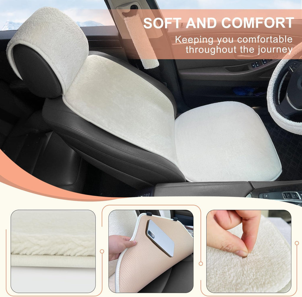 2 Pack White Faux Sheepskin Car Front Seat Cover Set with Steering Wheel Cover and Seat Belt Pad R74375