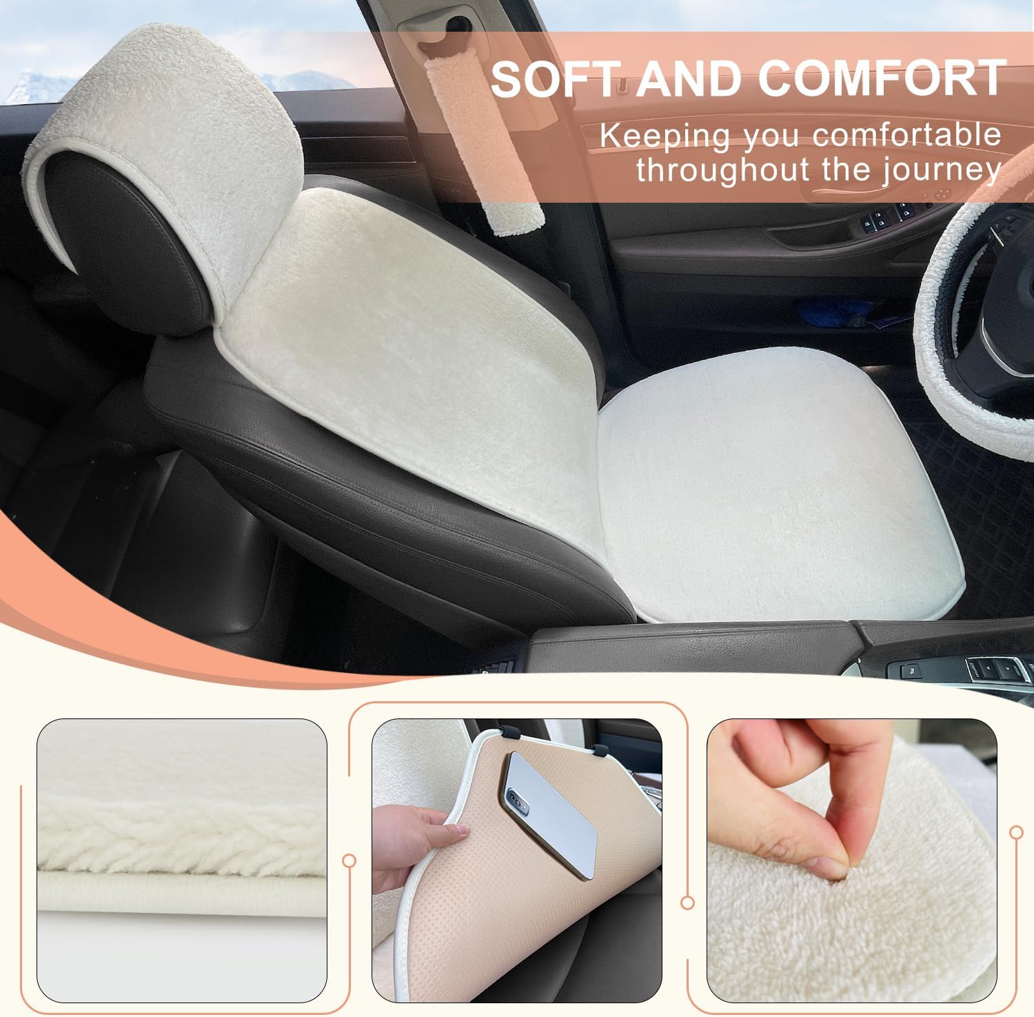 2 Pack White Faux Sheepskin Car Front Seat Cover Set with Steering Wheel Cover and Seat Belt Pad R74375
