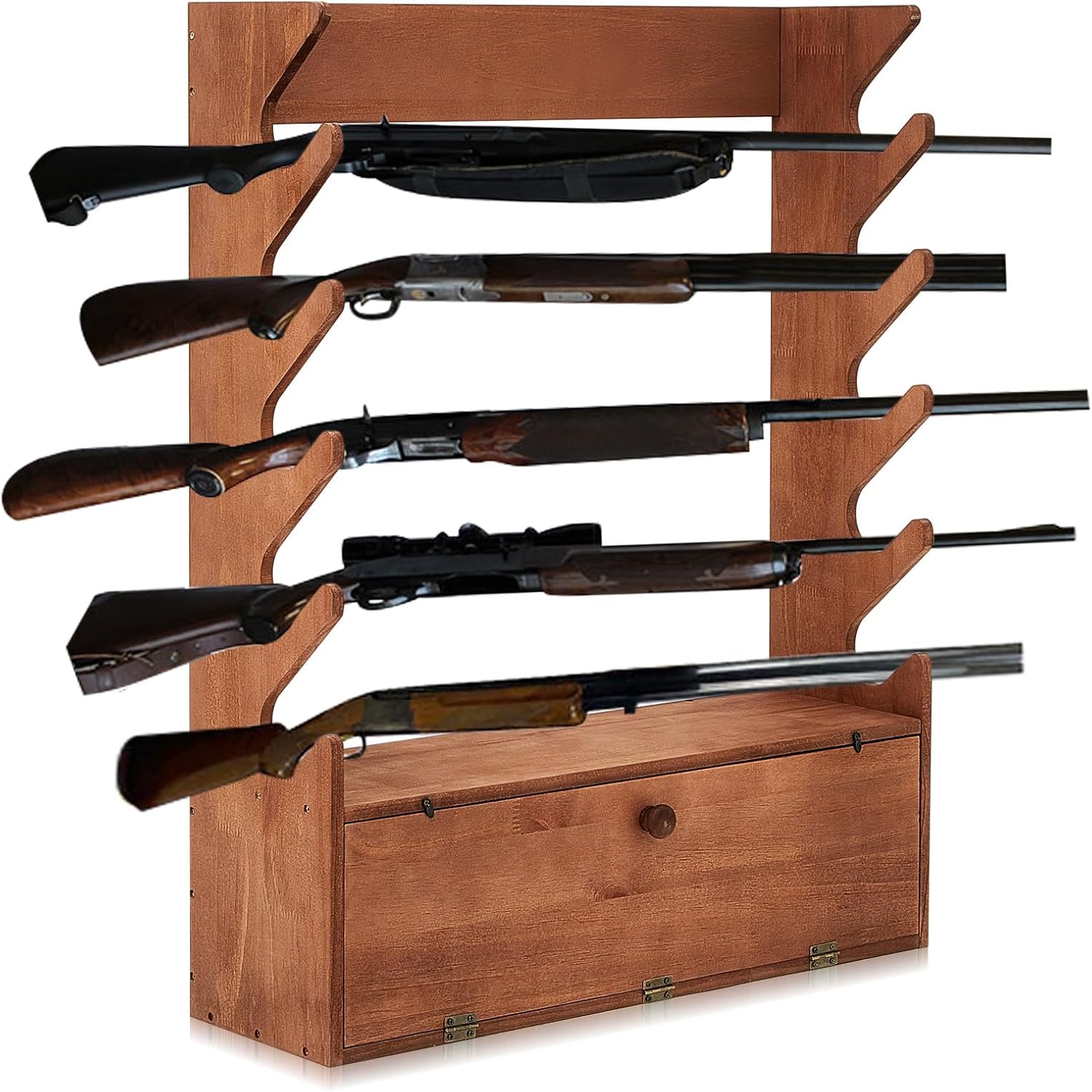 Walnut Color Pine Wood Gun Display Rack with Storage Compartment H2834