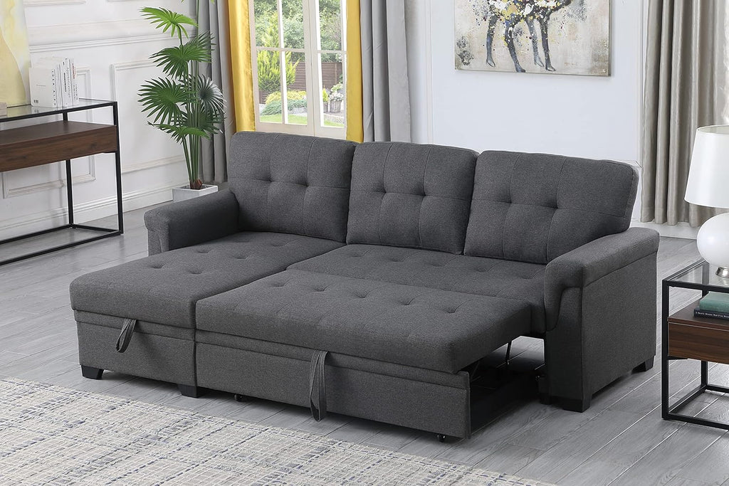 84'' L-Shape Convertible Sleeper Sectional Sofa with Storage Chaise and Pull-Out Bed, Dark Gray B285552
