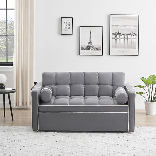 Gray Velvet Convertible Sleeper Sofa with Pull Out Bed V5996