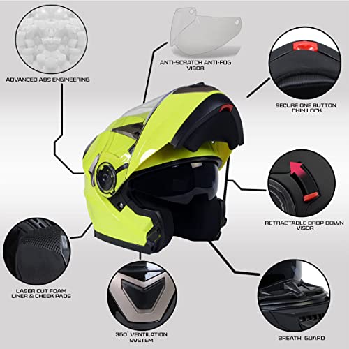 Neon Yellow Motorcycle Modular Helmet with Drop Down Visor K37827