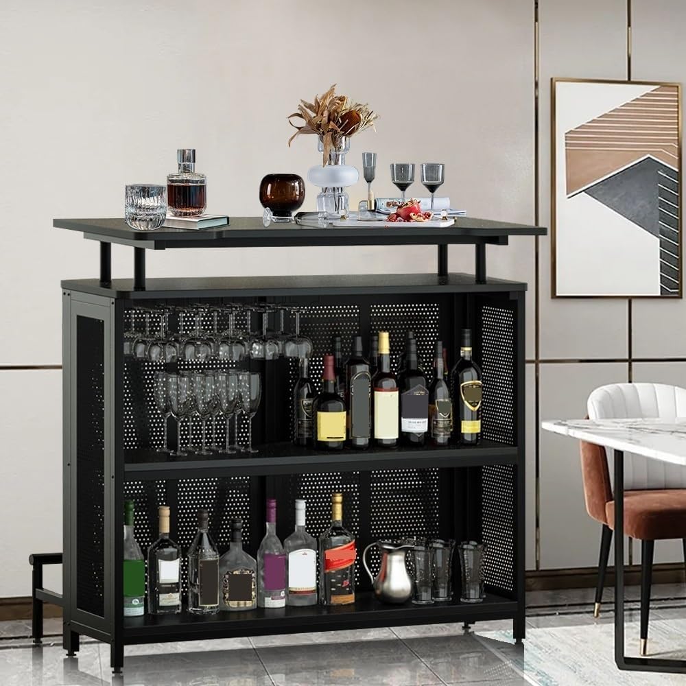 Industrial 3-Tier Liquor Bar Table with Stemware Rack L7310