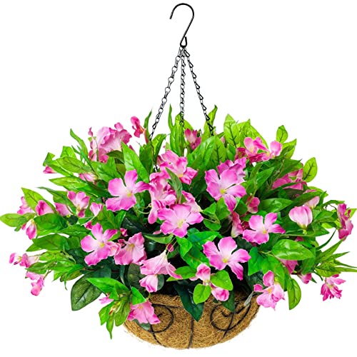 Pink Faux Azalea Hanging Basket in Pot Planter P4094